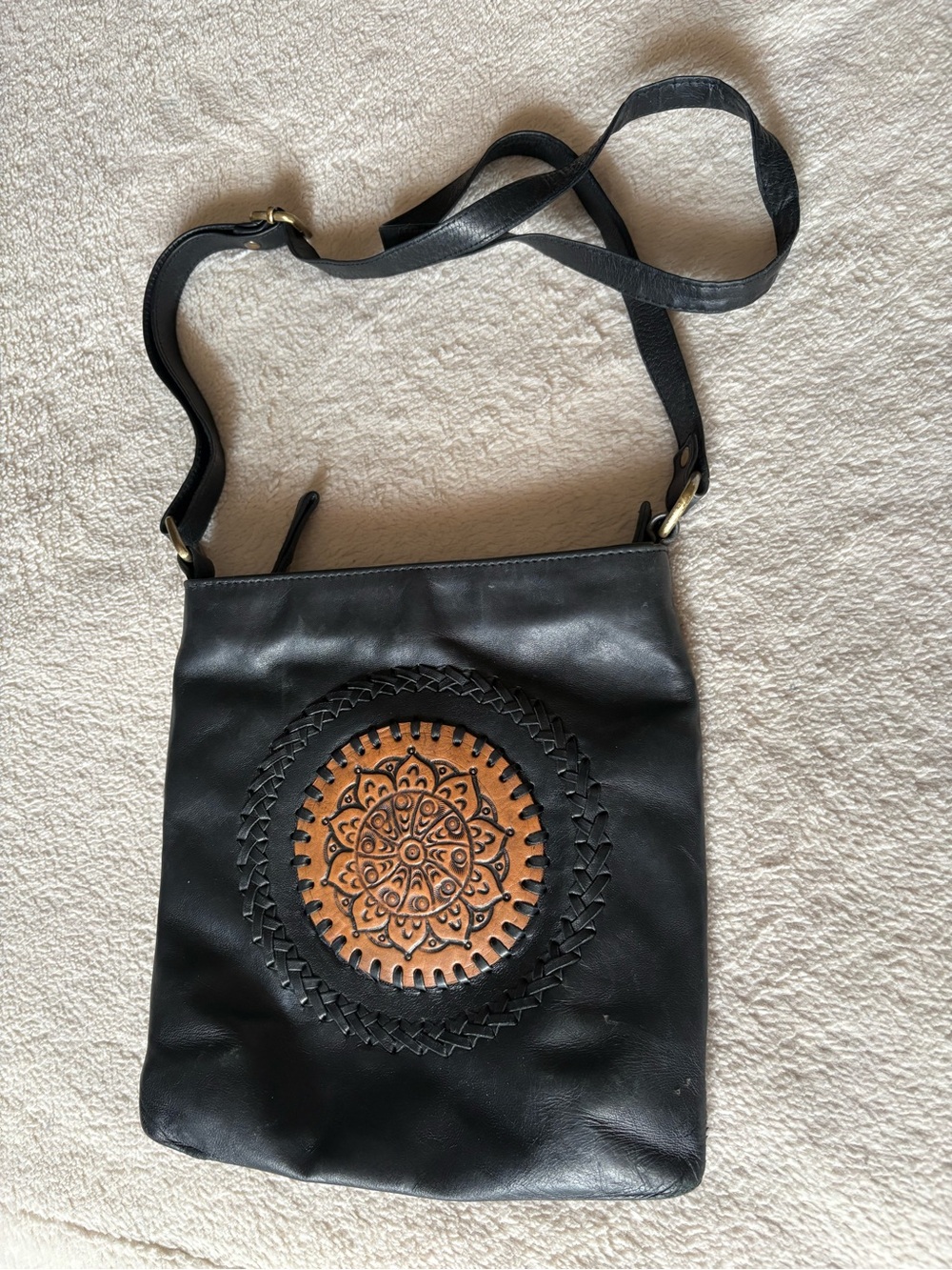 Black Genuine Leather Crossbody Bag with Tan Mandala Accent